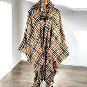 James Pringle Weavers Shawl Women OSFA‎ Poncho Cape Brown Novacheck Plaid Resort